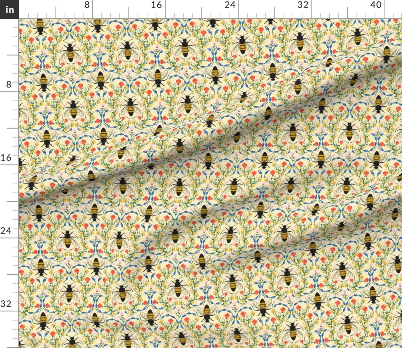Bee Garden Cream Insect Floral Flowers Print Black Red Custom Printed Fabric by Spoonflower Various Fabrics by the Yard or Fat Quarter